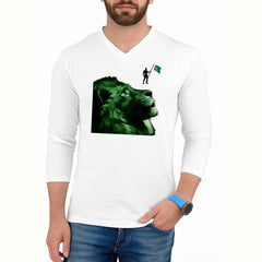 White Lion Printed V-Neck Full Sleeve Azadi Tshirt. D-48