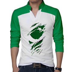 White Body Laiso Collar 3D Flag Printed Full Sleeve Azadi Tshirt.