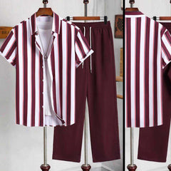 Stripe Printed Shirt Style Dry-Fit 2-Pcs Summer Suit. MS3D-51