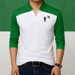 White Body Laiso Collar Stand Flag Logo Printed Full Sleeve Azadi Tshirt. D-39
