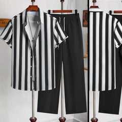 Stripe Printed Shirt Style Dry-Fit 2-Pcs Summer Suit. MS3D-51