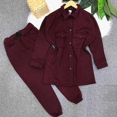 Shirt Style Long Front Pocket 2-Pcs Winter Tracksuit For Her.