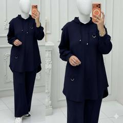High-Low Round-Hem Patch Hooded Style 2-Pcs Winter Suit. WWTS-58
