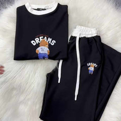 Black Bear Dreams Drop-Shoulder Style 2-Pcs Summer Dry-Fit Tracksuit For Her. WSTS-02