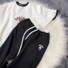 White-Black Bear Dreams Drop-Shoulder Style 2-Pcs Summer Dry-Fit Tracksuit For Her. WSTS-02