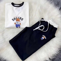 White-Black Bear Dreams Drop-Shoulder Style 2-Pcs Summer Dry-Fit Tracksuit For Her. WSTS-02