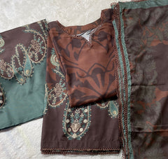 Classic Mocha & Teal Printed 3 Pcs Suit - Eid Collection