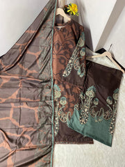 Classic Mocha & Teal Printed 3 Pcs Suit - Eid Collection
