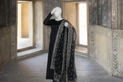 Elegant Black Flowing Maxi With Inner , Trouser & Organza Dupatta ( 3 Pcs ) - Eid Collection
