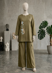 Cotton flex co-ord set with large floral embroidery on the front.
