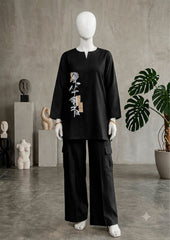 Cotton flex co-ord set with large floral embroidery on the front.