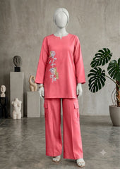 Cotton flex co-ord set with large floral embroidery on the front.