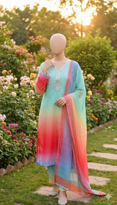 Mint Blue Peach-Imported Crepe Digital 3 Piece Suit-WWF-1113