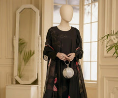 Black Flower Digital Printed Imported Crepe 3 Piece Suit-WWF-1109