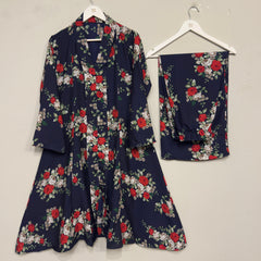 Navy Blue Floral Printed Long Shirt 2pcs Stitched Suit