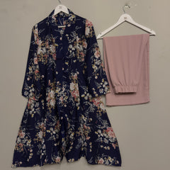 Navy Blue Floral Printed Long Shirt With Pink Trouser 2pcs Stitched Suit