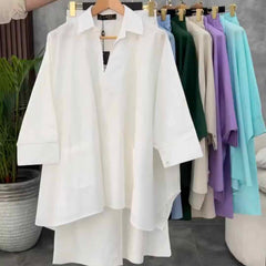 White Azadi Batwing V-Collar Style 2-Pcs Stiched Co-Ord Set.