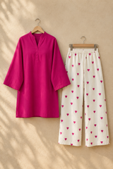 Heart Printed Flapper With V-Neck Short Style Shirt 2-Pcs Stitch Suit.