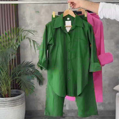 Green Azadi Shirt Style 2-Pcs Stiched Co-Ord Set.