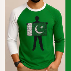 Green Contrast Sleeve Style Flag Printed R-Neck Full Sleeve Azadi Tshirt. D-38