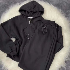Black Simple Hooded Zipper Style 2-Pcs Winter Tracksuit. D-12