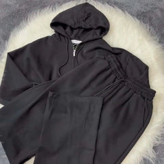 Black Simple Hooded Zipper Style 2-Pcs Winter Tracksuit. D-12