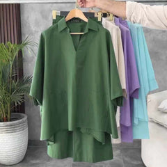 Green Azadi Batwing V-Collar Style 2-Pcs Stiched Co-Ord Set.