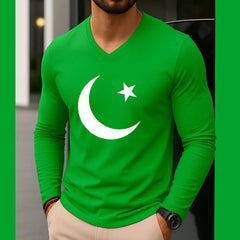 Green CT Big Printed V-Neck Full Sleeve Azadi Tshirt.