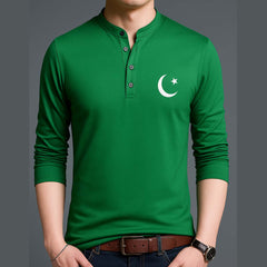 Green Henley Collar CT Logo Printed Full Sleeve Azadi Tshirt. D-54