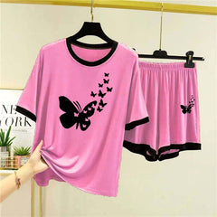 Printed Contrast Neck Short Style 2-Pcs Summer Launge & Night Wear Suit.