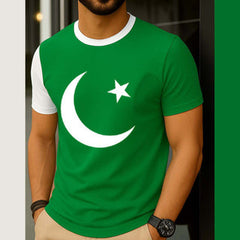 Green Contrast Neck Style CT Big Printed R-Neck Half Sleeve Azadi Tshirt. D-49