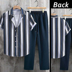 Stripe Printed Shirt Style Dry-Fit 2-Pcs Summer Suit. MS3D-52