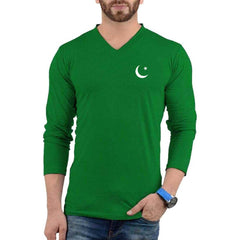Green CT Logo Printed V-Neck Full Sleeve Azadi Tshirt.