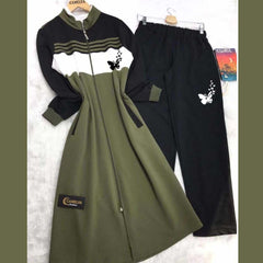 Butterfly Printed Long Front Stripe Style Patch-Work 2-Pcs Winter Zipper Co-Ord Set. WWTS-12