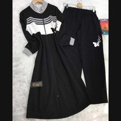 Butterfly Printed Long Front Stripe Style Patch-Work 2-Pcs Winter Zipper Co-Ord Set. WWTS-12