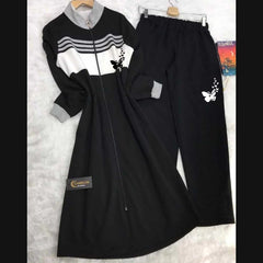 Butterfly Printed Long Front Stripe Style Patch-Work 2-Pcs Winter Zipper Co-Ord Set. WWTS-12