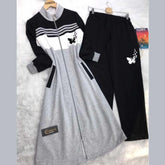 Butterfly Printed Long Front Stripe Style Patch-Work 2-Pcs Winter Zipper Co-Ord Set. WWTS-12