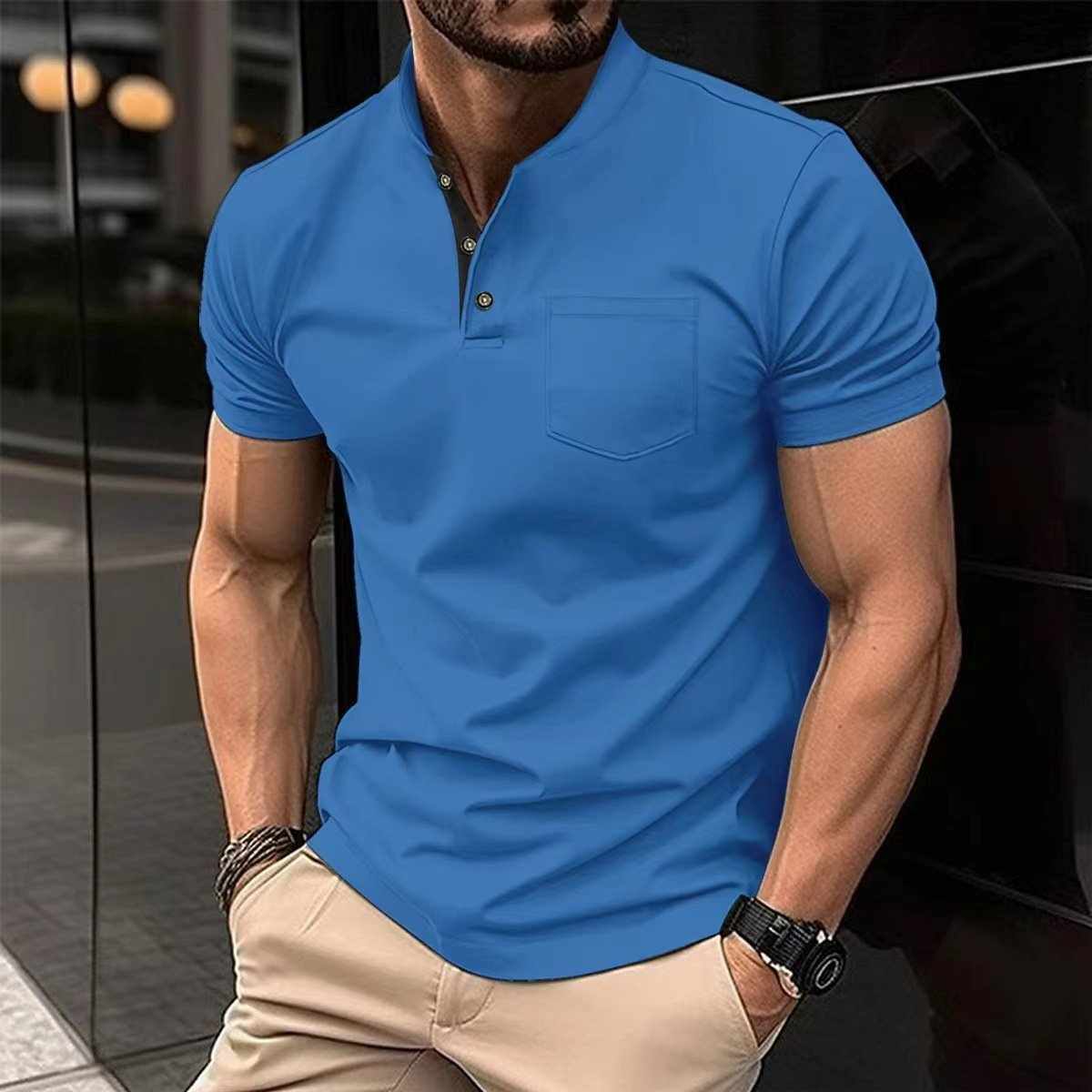 Sky-Blue Ben Collar Pocket Style Summer Tshirt MSDTS-05