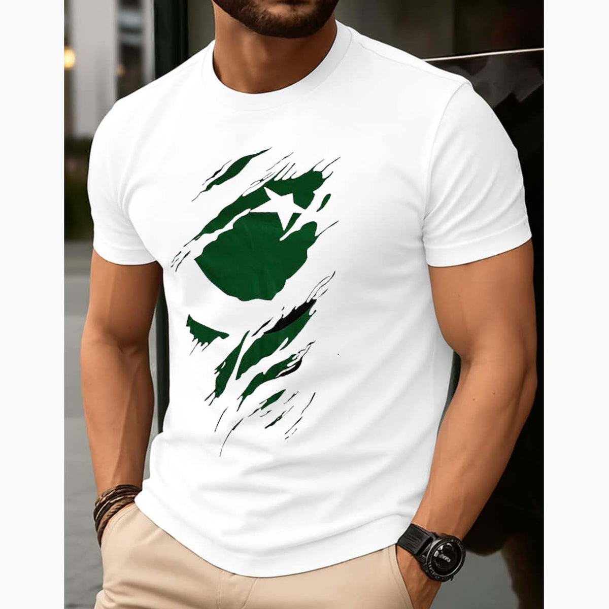 White 3D Flag Printed R-Neck Half Sleeve Azadi Tshirt.