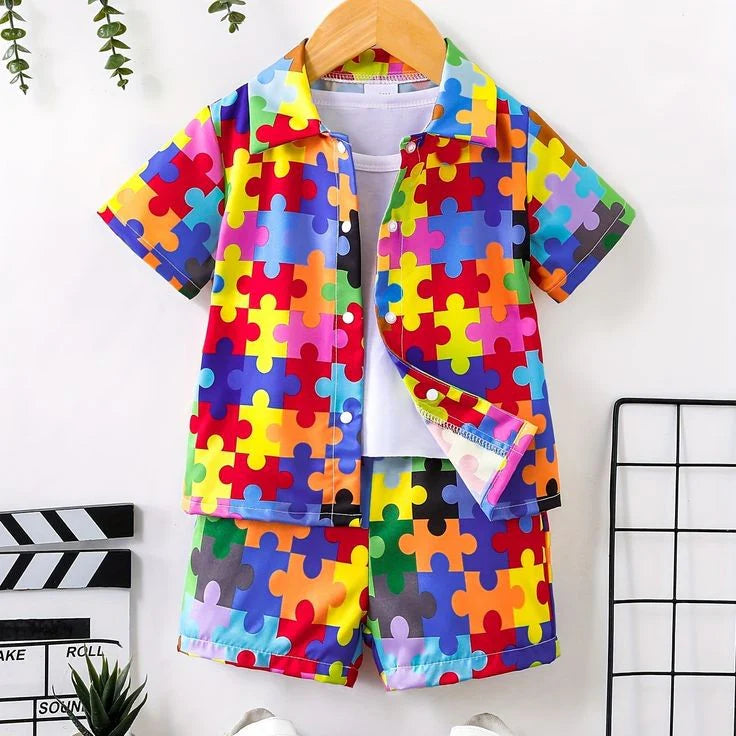 Rainbow Puzzle Style 3D 2-Pcs Summer Suit For Kids D4.