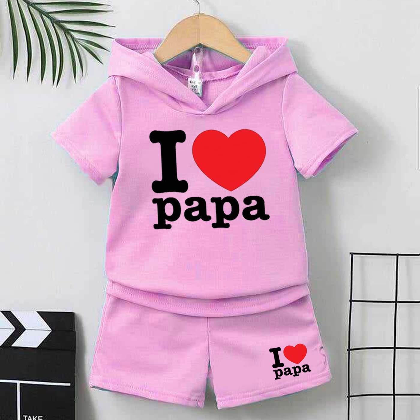 I Love PAPA Kids Hooded Style 2-Pcs Summer Suit. (HOTS+SH)