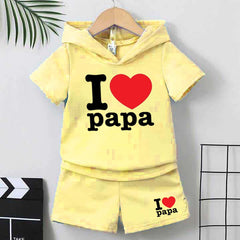 I Love PAPA Kids Hooded Style 2-Pcs Summer Suit. (HOTS+SH)