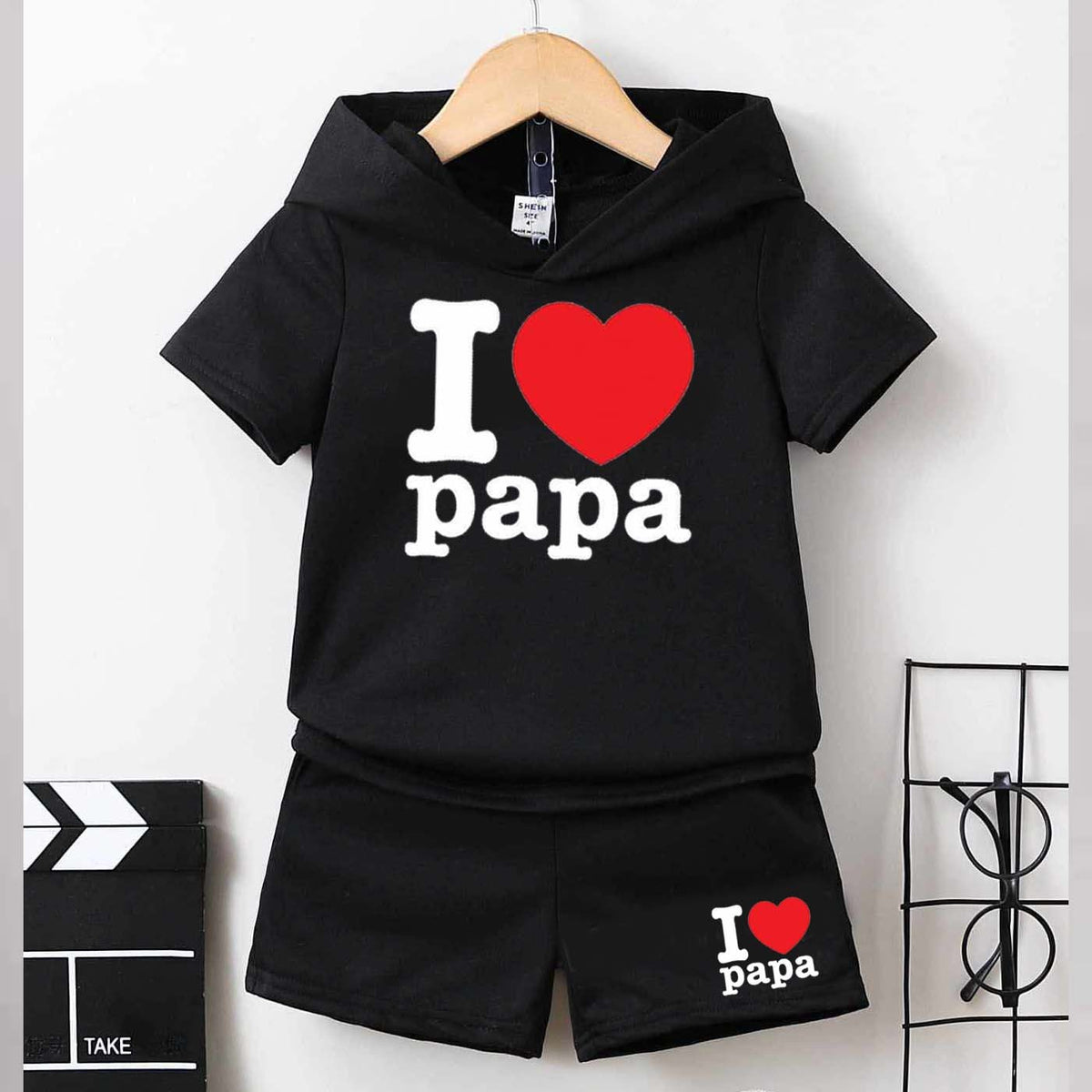 I Love PAPA Kids Hooded Style 2-Pcs Summer Suit. (HOTS+SH)