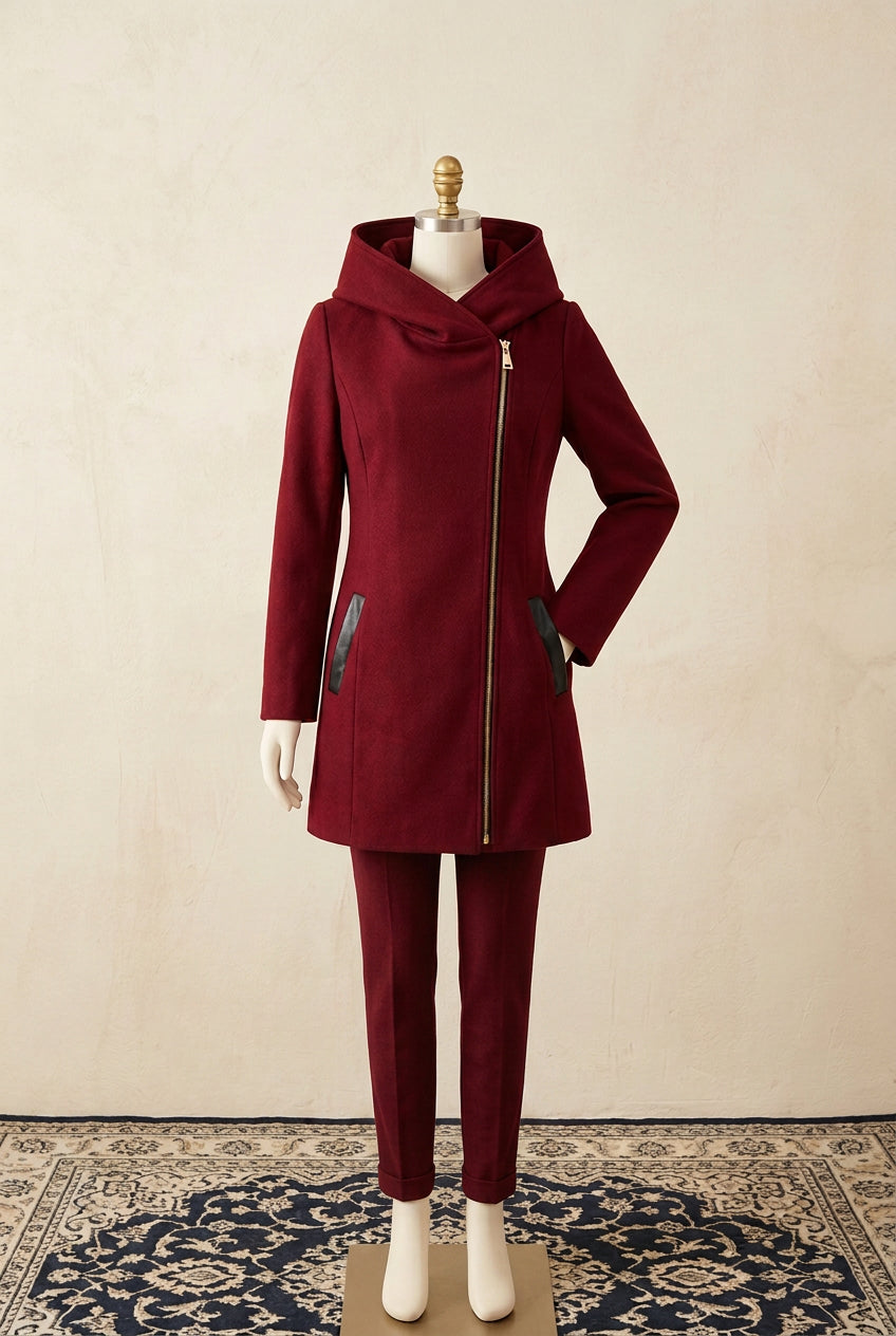 Leather Pocket Style Side Zip Long Winter Hoodie.