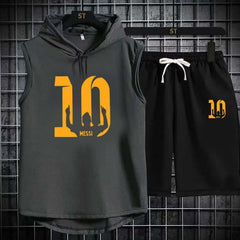 Grey Messi Sleeveless Hoodie Style 2-Pcs Summer Suit