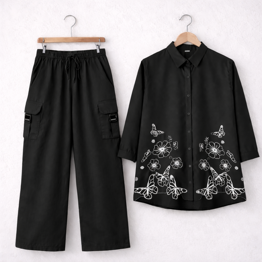 Cotton Embroidered Western Shirt & Cargo Style 2-Pcs Stiched Co-Ord Set. KC-02