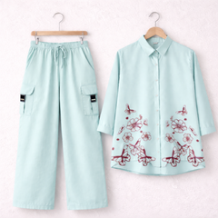 Cotton Embroidered Western Shirt & Cargo Style 2-Pcs Stiched Co-Ord Set. KC-02