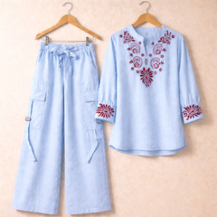 Cotton Embroidered Western Shirt & Cargo Style 2-Pcs Stiched Co-Ord Set. KC-05