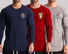 Bundle Of 3 O-Neck Full-Sleeve Round-Hem PL-Printed Summer Tshirt's.