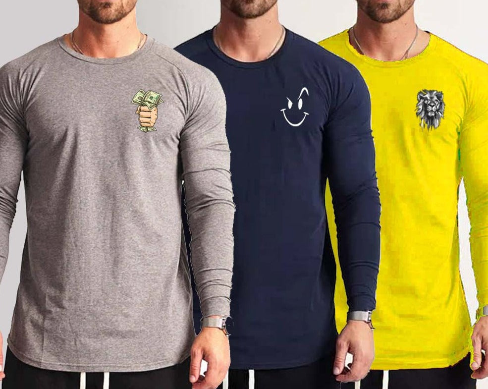 Bundle Of 3 O-Neck Full-Sleeve Round-Hem PL-Printed Summer Tshirt's.